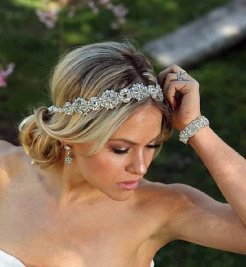 Ada Wedding bridal headpiece crystal headband headpiece satin ribbon vintage inspired art deco style image 2