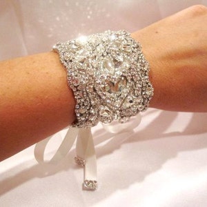 Bridal cuff bracelet, wedding bracelet, wedding jewelry, antique silver, vintage style bracelet, Swarovski crystals, Dramatic, wide bracelet image 2