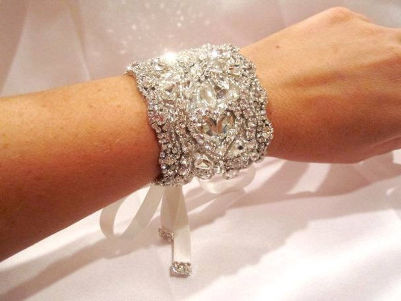 Bridal cuff bracelet, wedding bracelet, wedding jewelry, antique silver, vintage style bracelet, Swarovski crystals, Dramatic, wide bracelet image 2