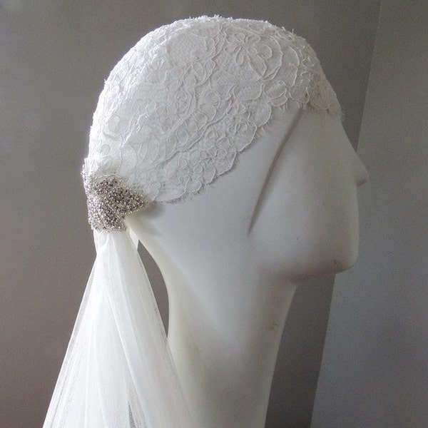 Lace Cap, Lace Juliet Cap, Vintage lace cap, Silk Drop Veil 45" Lace and Crystal Bridal Cap