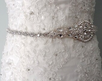 Wedding sash, Bridal belt , Bridal sash - satin ribbon with crystal and rhinestone beaded applique sash, bridal belt