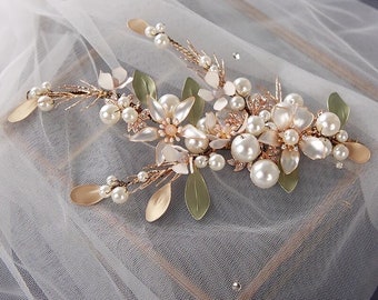 Gold vintage Victorian Inspired Bridal Rhinestone Side Hair bun vine Flower Accents Comb