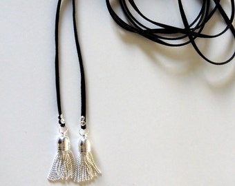 Black velvet cord necklace tassels silver plated