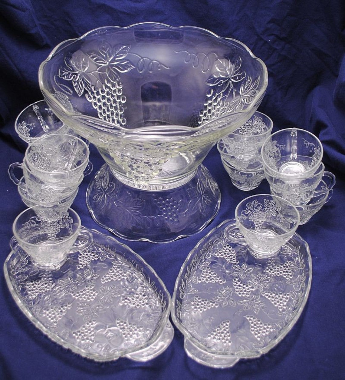 Vintage Punch Bowl Set Anchor Hocking Glass Grapes and leaves Etsy