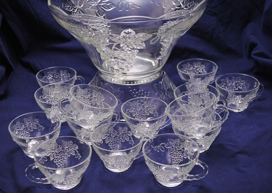 Vintage Punch Bowl Set Anchor Hocking Glass Grapes and leaves Etsy