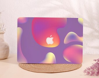 May include: A laptop case featuring a vibrant, abstract design with a purple background and colorful, flowing shapes in shades of pink, yellow, and orange. The Apple logo is prominently displayed in white.