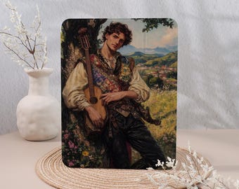 May include: A painting of a man with dark hair and a colorful vest holding a guitar. He is standing in a forest with a village in the background.
