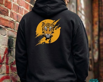 Yellow Grunge Tiger Hoodie, Edgy Graphic Print Sweatshirt