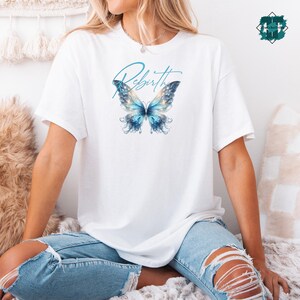Celestial Watercolor Butterfly T-Shirt | Rebirth Script Tee, Spiritual Growth Tee, Cotton Crew Neck Shirt