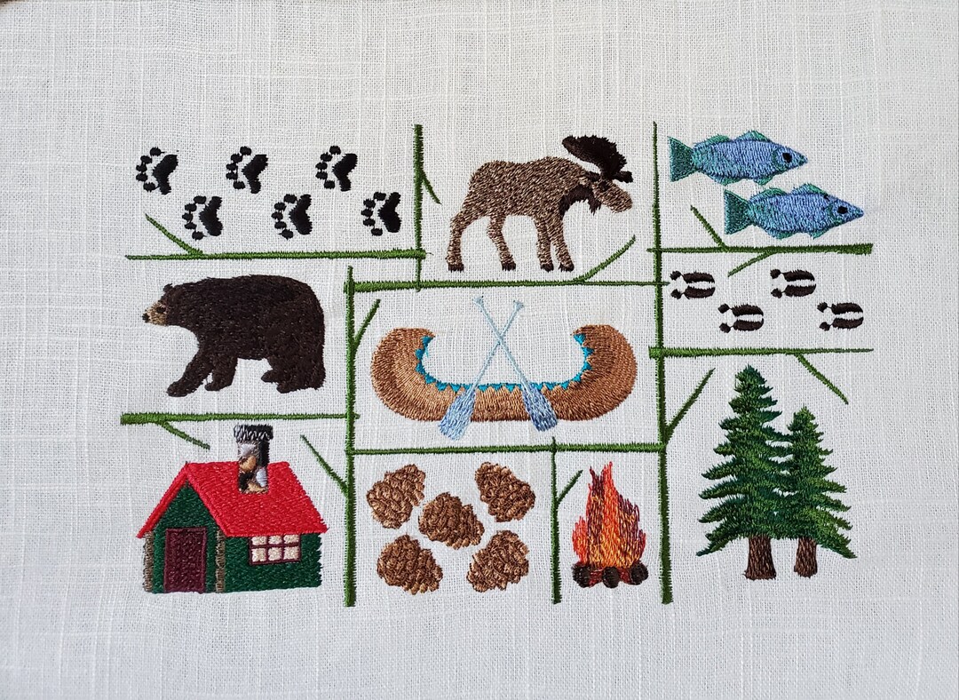 Northwoods Large Sampler Embroidered Linen Fabric Block Pillow Panel Etsy