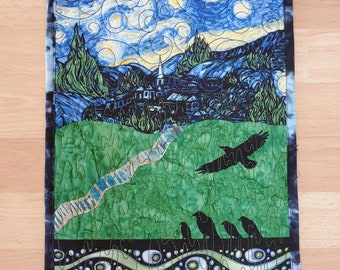 Starry Night Art Quilt Birds Wall Hanging