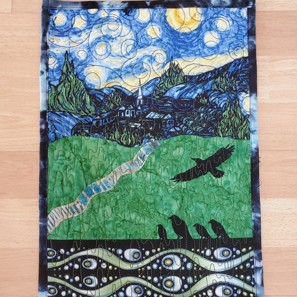 Starry Night Art Quilt Birds Wall Hanging