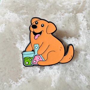 cartoon chocolate labrador dog with science beakers enamel pin