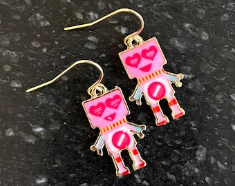 Pink Robot Enamel Earrings with Heart Eyes