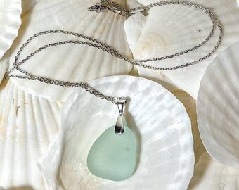 Handmade British Sea Glass Pendant Necklace: 18k White Gold Sterling Silver Chain