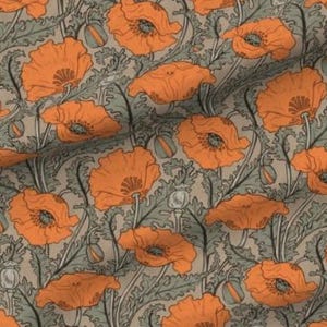 May include: Fabric with a repeating pattern of orange poppies and green leaves on a tan background. The poppy flowers are in full bloom, with detailed petals and stems. The design has a vintage, botanical feel.