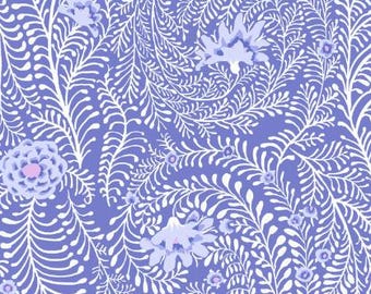 May include: A fabric pattern with a repeating design of white, stylized fern-like leaves and floral elements against a periwinkle blue background. The flowers have a light purple centre. Suitable for craft and sewing projects. Measurements are in centimetres.