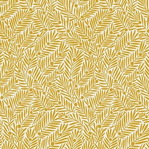 Pode incluir: Um tecido com um padrão repetido de folhas douradas em forma de samambaia e pequenos pontos sobre um fundo creme. As folhas estão dispostas na diagonal, criando uma aparência texturizada. O tecido é medido em centímetros.
