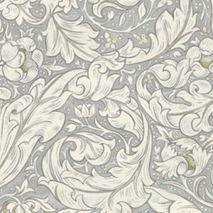 May include: A fabric with a repeating floral pattern. The design features large, stylized flowers and leaves in shades of cream and light green against a gray background. The pattern is detailed and intricate, with a vintage aesthetic.