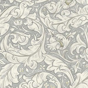 May include: A seamless pattern featuring a detailed floral design with large, stylized leaves and flowers in shades of cream and light gray. The pattern is dense and intricate, creating a classic, elegant aesthetic. The fabric is suitable for various craft projects.