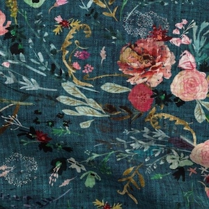 May include: A teal fabric with a floral pattern. The design features pink and red roses, along with other flowers and foliage in shades of green, gold, and white. The fabric has a textured appearance.