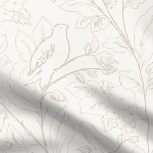 May include: Off-white fabric with a repeating pattern of sketched birds, flowers, and foliage in a muted beige color. The design features detailed outlines of leaves, blossoms, and birds perched on branches, creating a delicate, nature-inspired aesthetic.