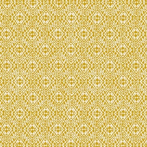 May include: Mustard yellow fabric with a repeating geometric pattern. The design features a lattice-like structure with diamond shapes and intricate details. The fabric has a textured appearance and a warm, inviting color.
