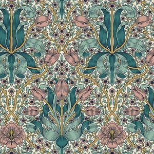 May include: A repeating floral pattern featuring stylized flowers in teal, pink, and cream. The design includes large, ornate blooms and smaller floral accents, with gold-colored stems and a cream-colored background. The pattern is symmetrical and detailed.