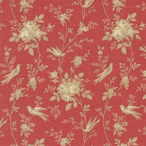 May include: Red fabric with a repeating pattern of beige birds, roses, and foliage. The design features detailed floral and avian elements, creating a classic, vintage aesthetic. The fabric has a textured appearance.