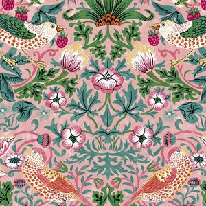 May include: A repeating pattern featuring birds, flowers, and berries in shades of pink, green, and white. The design includes detailed illustrations of birds with speckled bodies, surrounded by floral and foliage elements, creating a vintage aesthetic.