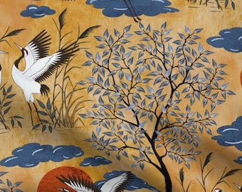 Duvet Cover with Shams - Handmade using Handmade using "Crane and Golden Sun" Cotton Fabric Bedding. Cranes in pond, air, garden