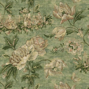 May include: A floral pattern featuring large, cream-colored flowers with green leaves and stems against a textured, light green background. The design includes smaller flowers, butterflies, and a scene with figures.