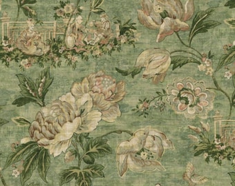 May include: A floral pattern featuring large, cream-colored flowers with green leaves and stems against a textured, light green background. The design includes smaller flowers, butterflies, and a scene with figures.
