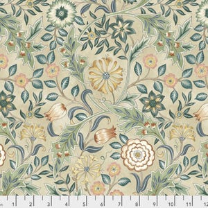 May include: A floral fabric with a cream-colored background. The design features a repeating pattern of stylized flowers, leaves, and vines in shades of green, blue, yellow, and pink. The pattern is approximately 12 inches wide.