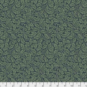 May include: Dark blue fabric with a repeating pattern of green oak leaves and acorns. The leaves have detailed veining, creating a textured appearance. The design is a classic botanical print, suitable for various craft projects.