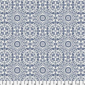 May include: A fabric with a repeating pattern of blue floral and leaf motifs on a cream background. The design features stylized flowers and vines, creating a symmetrical and ornate look. The pattern is suitable for various craft projects.