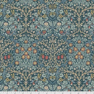May include: A teal blue fabric with a repeating floral pattern. The pattern features red, yellow, and white flowers, and green leaves. The fabric has a vintage aesthetic.