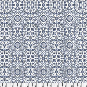 May include: A fabric with a repeating pattern of blue floral and leaf motifs on a cream background. The design features stylized flowers and vines in a symmetrical arrangement, creating a classic, decorative look. The pattern is suitable for various craft and sewing projects.