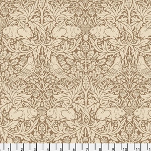May include: A fabric with a repeating pattern of rabbits, birds, and foliage in shades of beige and brown. The design features detailed illustrations of animals and plants, creating a classic, nature-inspired aesthetic. Ideal for home decor or crafting projects.