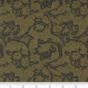 May include: A dark green and black floral fabric with a repeating pattern of stylized leaves and flowers. The fabric has a textured surface.