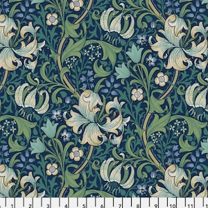Cascade Roman Shade - Handmade using &quot;Golden Lily - Navy&quot; Fabric designed by William Morris & Co. - Window Treatments, made in Ohio