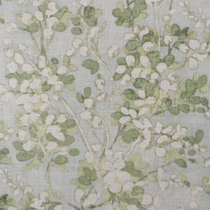 Puede incluir: Una tela azul claro con un patrón floral blanco y verde. El patrón presenta pequeñas flores blancas y hojas verdes.