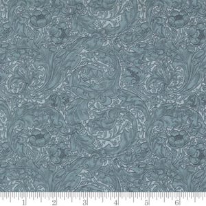 May include: A blue and white floral pattern fabric with a repeating design of stylized leaves and flowers. The fabric has a subtle texture and a vintage aesthetic.