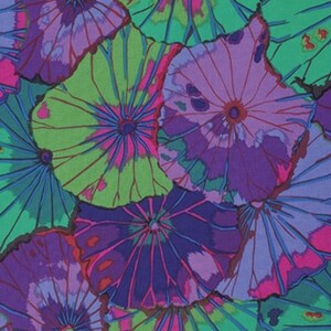 May include: A vibrant, abstract pattern featuring overlapping floral shapes. The design showcases a mix of colors, including shades of purple, green, and pink. The floral elements have a radial design, creating a dynamic and eye-catching visual.
