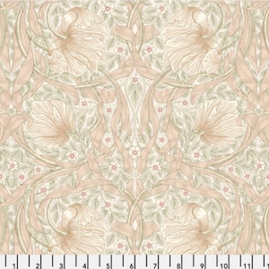 May include: A fabric with a repeating floral pattern in shades of beige, light pink, and green. The design features large stylized flowers, delicate leaves, and small pink blossoms, creating a vintage, botanical aesthetic. The fabric is suitable for various craft projects.