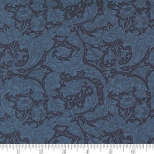 May include: A blue and black floral patterned fabric with a repeating design of stylized leaves and flowers.