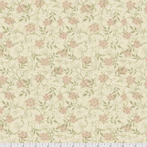 May include: A fabric with a repeating floral pattern. The design features clusters of pink flowers, small white blossoms, and green leaves on a cream-colored background. The fabric has a vintage or botanical aesthetic, suitable for quilting or crafting.
