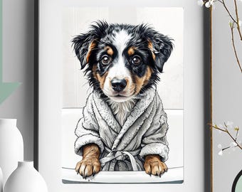 Australian Shepherd Pup in Robe Art Print | Cute Aussie Dog (Digital Download)