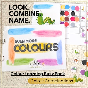 May include: A spiral-bound educational busy book titled EVEN MORE COLOURS with watercolor-style brush strokes in orange, blue, pink, green, and purple. Includes a sheet of color combination circles, small square cards with illustrations, and a green caterpillar.