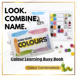 May include: A color learning busy book titled Even More Colours with ring binding. The set includes interactive pages featuring a zebra, color mixing charts, and small square tiles with illustrations of animals and objects like an octopus and car.